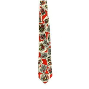 Dillard's Men's Necktie. Carolers, Santa, Reindeer, Wreaths, Red. Silk. VGC